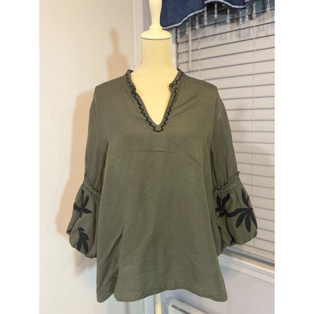 Chico's Olive Green Linen Blend Embroidered Balloon Sleeve Tunic Top XL Boho - Picture 2 of 11